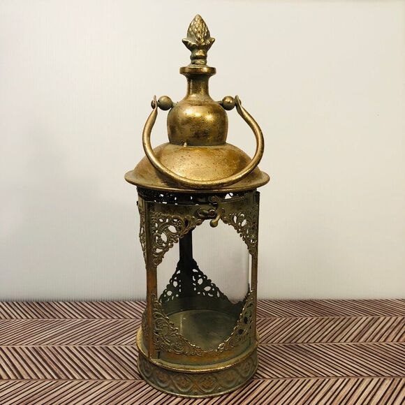 Decorative Lantern Round Gold Tone Metal Glass 15" w/ Handle Christmas Decor - Picture 1 of 8